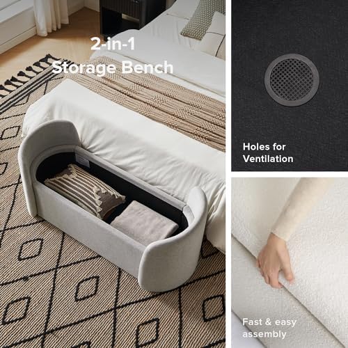 mopio Sophie 51" Ottoman Storage Bench, Entryway and Window Seating, End of Bed Curved Stool for King & Queen Bed, Storage Chest for Bedroom (Light Gray Fabric)
