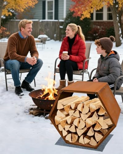 Firewood Rack Outdoor, Corten Steel Hexagon Firewood Holder, Rustic