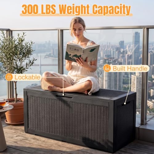 Outdoor Storage Box, 160 Gallon Waterproof Resin Deck Box with Support Rod