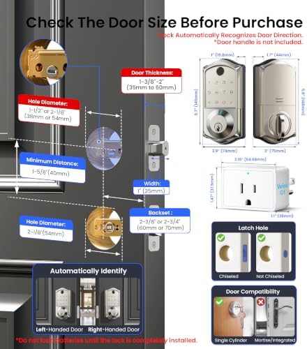 Veise VE017G WiFi Smart Keyless Entry Lock for Front Door, Satin Nickel