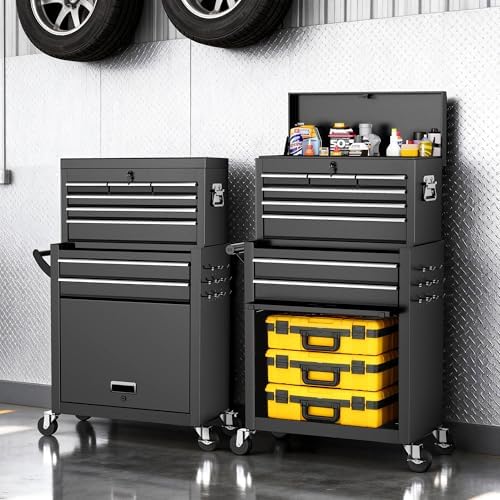 8-Drawer Rolling Tool Chest with Wheels, Lockable 3-in-1 Tool Box, Detachable Top Toolbox & Bottom Storage Cart with Side Hooks, Heavy Duty Steel Tool Cabinet for Garage, Workshop, Warehouse