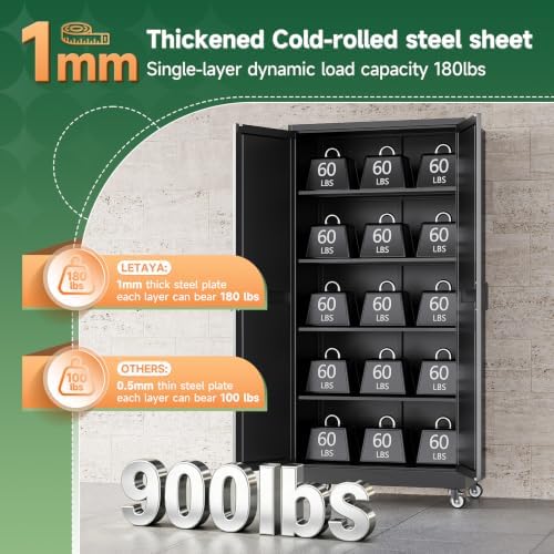 Letaya Metal Garage Storage Cabinet with Wheels,71" Black Tool Steel Locker