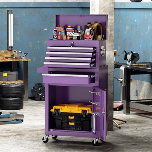 Oakcloud Heavy-Duty 5-Drawer Rolling Tool Chest & Cabinet Combo with Black Liner – Lockable Steel Garage Tool Box on Wheels – Detachable Top Toolbox & Bottom Storage Cart with Side Hooks, Purple