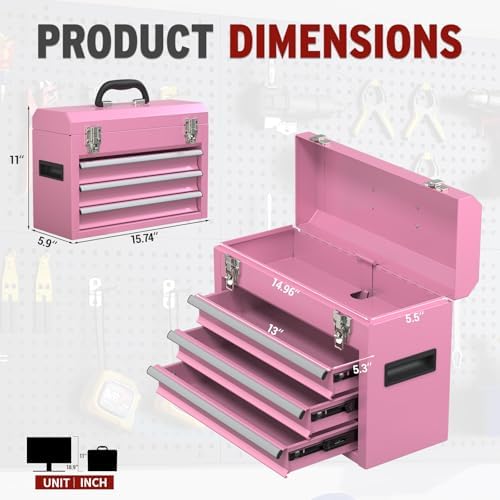 3 Drawers small Tool Box, Portable 3 Drawer Steel Tool Box with Locking System toolbox organization with Liner for Tools Storage (Pink)