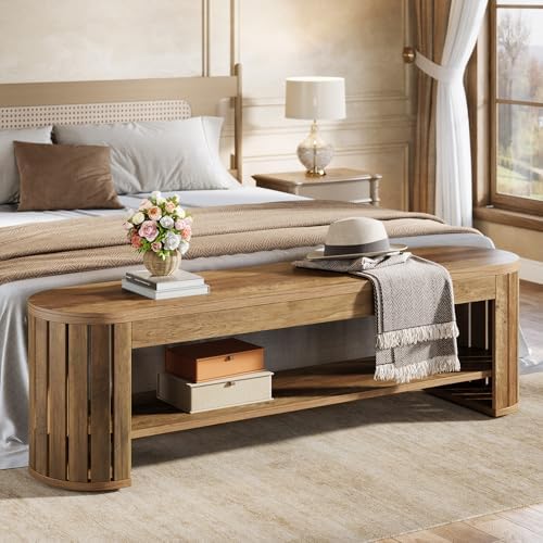 Tribesigns 63" Wooden Entryway Bench with Shoe Storage, Long 2-Tier Narrow Shoe Bench with Arc Vertical Slat Splicing Legs, End of Bed Stool for Bedroom, Entrance, Living Room (Brown)