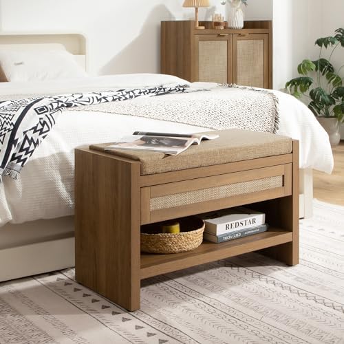 SICOTAS Rattan Shoe Bench Entryway Bench with Storage Drawer, Linen Cushion
