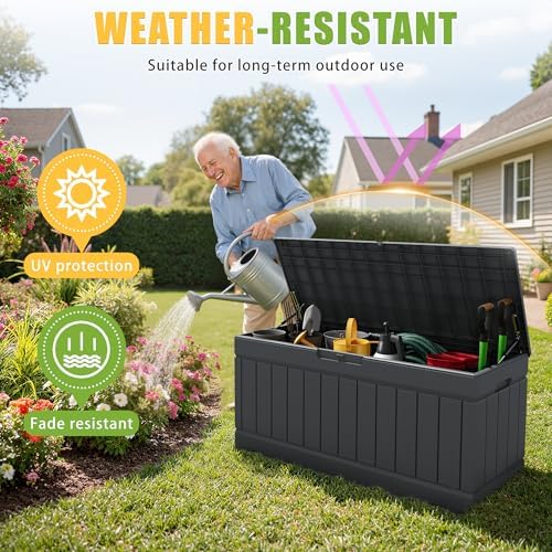 Greesum Outdoor Storage Box 82 Gallon Storage Bin with Lid for Patio Furniture, Garden Tools, Pool Supplies, Waterproof and UV Resistant, Lockable, Gray