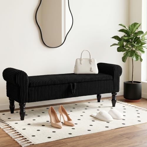 60" Corduroy Storage Bench, Queen End of Bed, Black