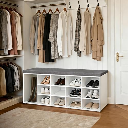 DINZI LVJ Shoe Storage Bench with Cushion, 15-Cubby Shoe Rack with Seat