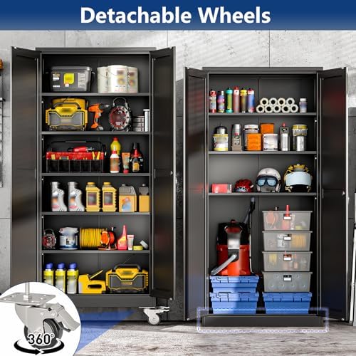 Ckzbx Metal Garage Storage Cabinet with Locking Doors and Adjustable Shelves,75" H Rolling Tool Storage with Wheels for Garage,Office (Black)