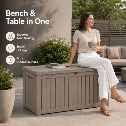 Outdoor Storage Box Resin Deck Box Waterproof Gray Brown 155 Gallon
