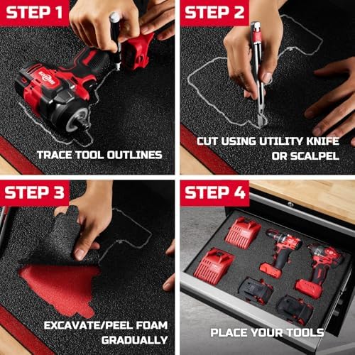 ONREVA Tool Box Foam Organizer 22x20x1 inch 3Pack, Kaizen Sheets for Pro Tool Control, Custom Tool Shadow Inserts for Cases & Drawers, High Density Polyethylene Foam, Black with Red