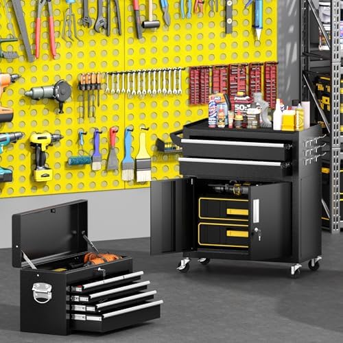 Greenvelly 8-Drawer Tool Chest with Wheels, Pre-Assembled Rolling Tool Chest, Detachable Top Tool Box, Lockable Design, Comes with Drawer Liners & Side Hooks for Garage Workshop Repair Room (Black)