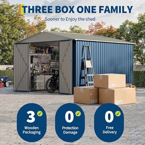 Garvee 10x10 FT Metal Storage Shed – Lockable Doors, Floor Frame, Blue