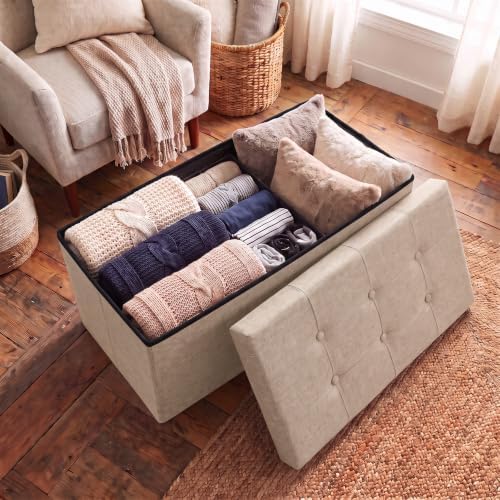 Lavish Home Folding Storage Ottoman Bench, Beige, 30”
