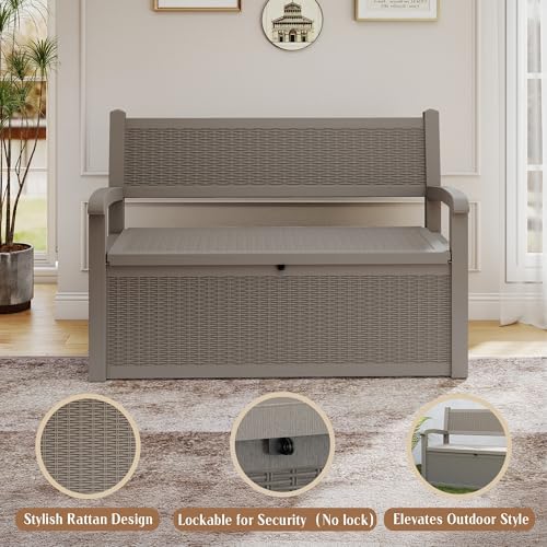 ROJIK 80 Gallon Storage Bench Deck Box Outdoor with Armrests, Resin Storage Furniture Waterproof Lockable for Porch Patio and Garden,Sturdy and Durable, Grey