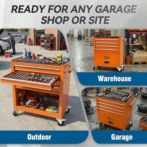 4 Drawers Tool Chest on Wheels, Multifunctional Rolling Tool Cart Tool Storage with 1 Cabinet, Drawers Rolling Tool Box Organizer for Garage, Warehouse, Workshop, Repair Shop (4 Drawers-Orange)