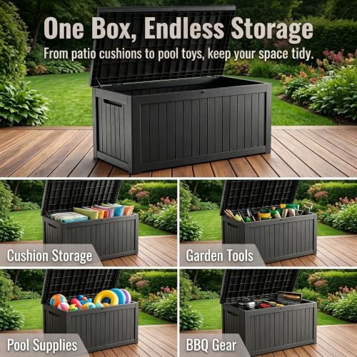 201 Gallon Large Resin Outdoor Storage Box, Waterproof Deck Box with Lockable Lid, Outside Storage Box for Patio Furniture, Pool Accessories, Garden Tools, Storage Bench for Backyard, Porch, Black