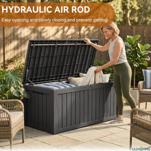 ROJIK Outdoor Storage Box – 150 Gallon Mobile Waterproof Resin Deck Box, Lockable Storage for Patio Cushions, Garden Tools, Pool Accessories – UV-Resistant Storage Bench for Backyard & Deck(Black)