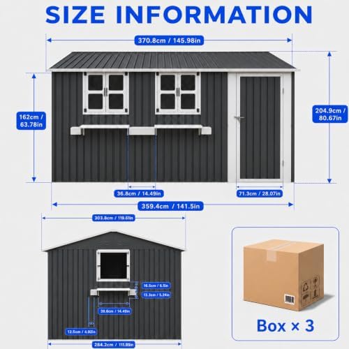 12x10 FT Outdoor Storage Shed with 3 Clear Windows, Metal Garden Shed with Flower Rack & Basket, Outside Tool Shed with Lockable Single Door, Waterproof Storage Building for Backyard, Coal Gray