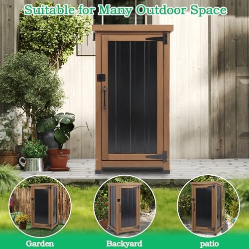Small Outdoor Storage Cabinet Weatherproof, Wood Garden Potting Bench Table with Removable Shelves, Metal Top, Outdoor Cabinet Work Station for Patio, Backyard, Brown,17.9''x17.9''x33.5''