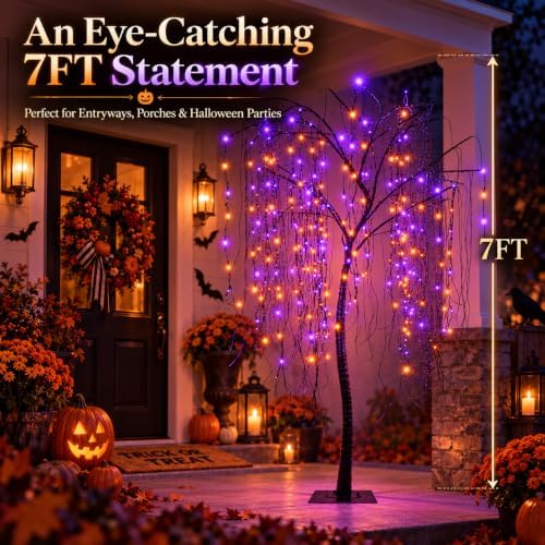 7 FT Halloween Lighted Willow Tree 256 LED Orange and Purple Lights Artificial Weeping Willow Tree with 6 Spiders Outdoor Indoor Decoration Christmas Festival Party Home Decor