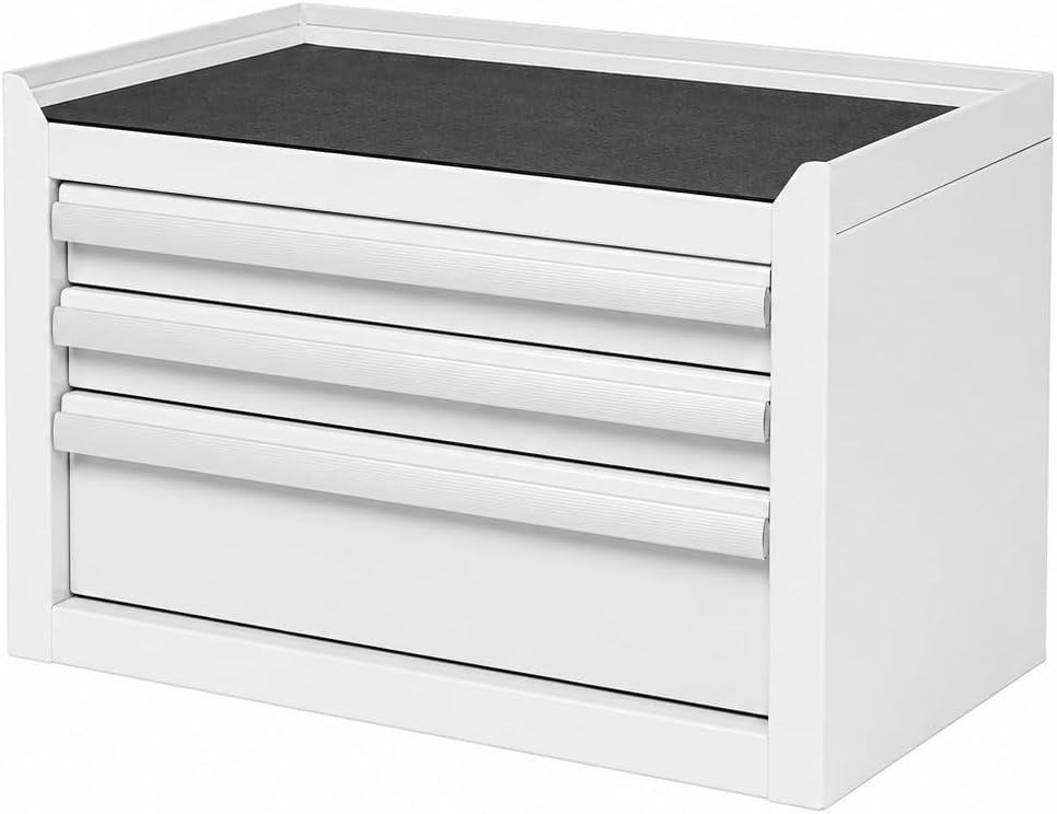 mini 3-drawer white steel tool box shown in use