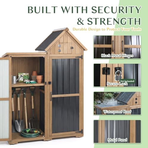 Outdoor Storage Cabinet Weatherproof with 3 Adjustable Shelves, 66'' H Wood & Metal Storage Shed with Lockable Doors & Waterproof Roof, Outside Garden Tool Sheds, Brown