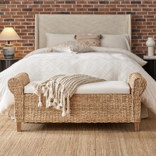 HULALA HOME 56" Rattan Storage Bedroom Bench with Rolled Armrests, Natural