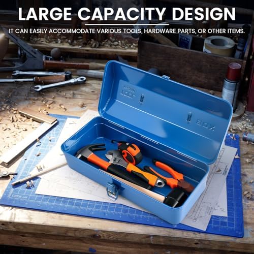 Large Metal Tool Storage Box with Handle for Workshop,15 inches Portable Tool Case with Lid，Locking Organiser Box for Hardware Part(blue)