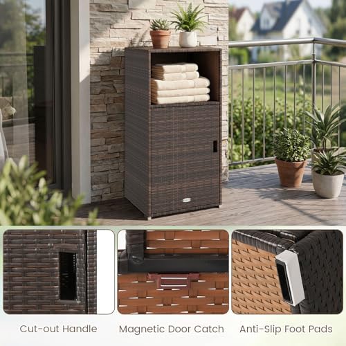 Tangkula Rattan Outdoor Storage Cabinet with 3 Storage Shelves