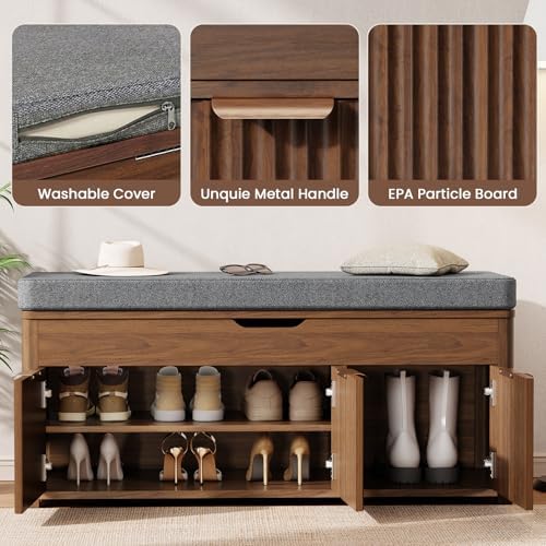 43.5" W Shoe Bench with Storage, Lift Top Entryway Bench, Walnut