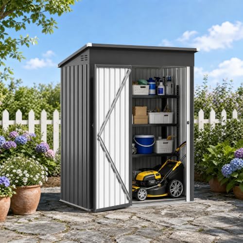 5 x 3 FT Outdoor Storage Shed, Waterproof Metal Garden Tool Shed with Sloped Roof, Lockable Door & Air Vents for Backyard Patio Lawn, Dark Gray