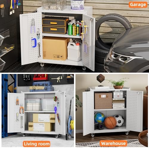 Aobabo 31.5" H Metal Rolling Storage Cabinet, Locking Steel Storage Cabinet on Wheels with Pegboards and 4 Hooks, for Office, School, Home, Library, White, Assembly Required