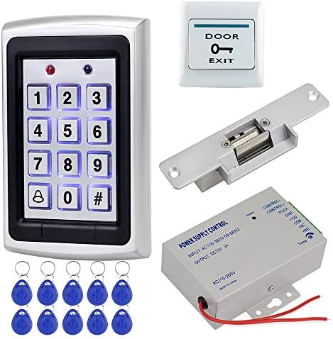 Door Access Control System Kit Set Metal RFID Keypad + DC12V 3A Power Supply Controller + NC Type Electronic Strike Locks + Door Exit Button + 10pcs Keyfobs Card