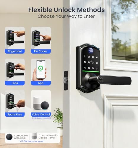 Veise VE019 Smart Lever Lock, Keypad Door Knob with Handle, Matte Black