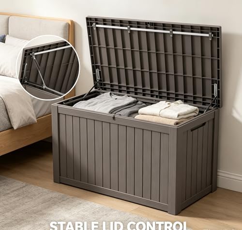 LAUSAINT HOME 150 Gallon Resin Deck Box, Package Delivery Box with Lockable Lid, Waterproof Outdoor Storage Box For Garden Tools, Patio Cushions(150 Gallon,Grey)