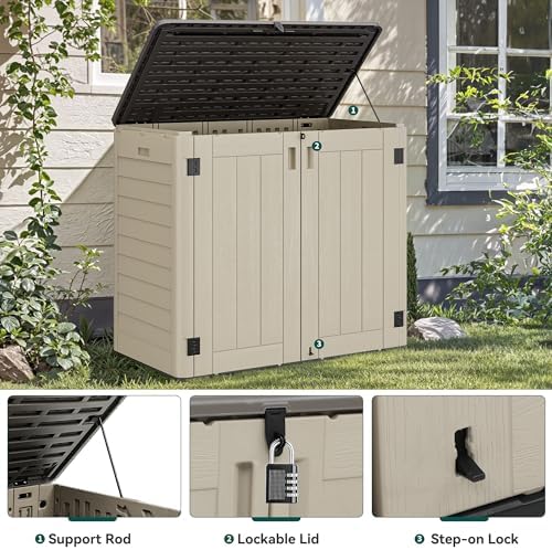 YITAHOME Outdoor Storage Shed w/o Shelf, 30 cu ft Horizontal Storage Shed Outdoor, Resin Waterproof Storage Cabinet for Garage, Poolside, Bikes, and Garden (Khaki + Black)