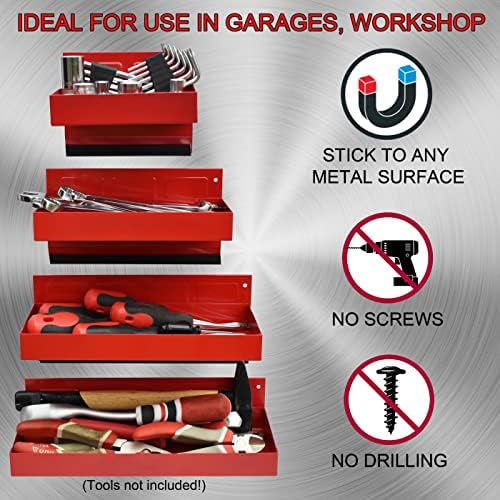 Magnetic Shelf 4-Pcs Set - Red Tool Trays - Metal Tool Box With Strong Magnets - Storage for Toolbox - Tool Box Accessories for Van Workshop