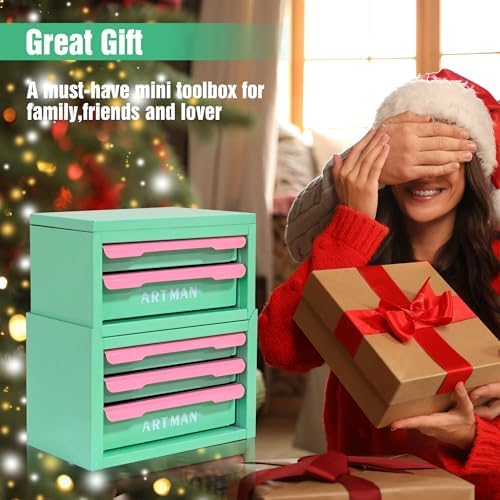 Mini Metal Tool Box, 2+3 Layer Portable Steel Small Tool Chest Cabinet,Stackable Desktop Organizer,Makeup & Stationery Storage Drawers with Handles for Home Office Workshop(Creamy Green & Pink)