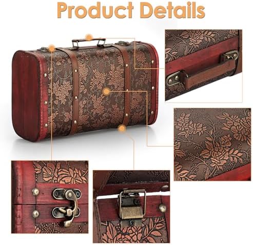 ELLDOO Vintage Wooden Storage Chest, Portable Decorative Luggage Suitcase