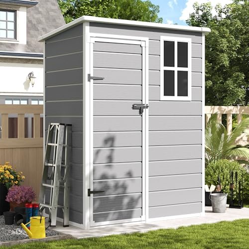 Amopatio Outdoor Storage Shed with Floor, 5x3 FT Lockable Plastic Tool Shed with Ventilation, Waterproof Resin Garden Sheds for Backyard, Patio, Lawn and Bike Grey