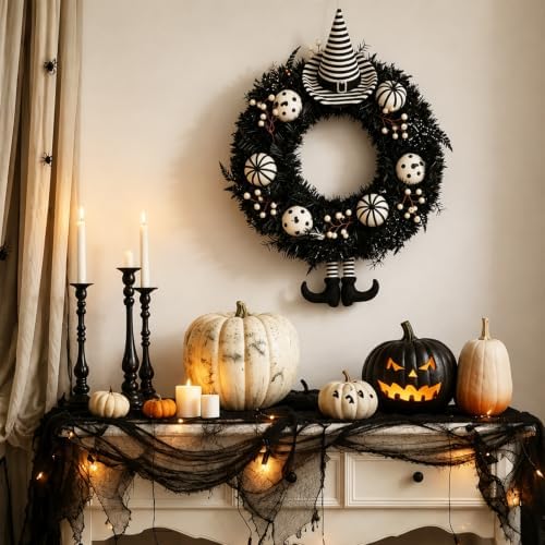 Grooy 24 Inch Halloween Wreath for Front Door with Striped Hat, Legs