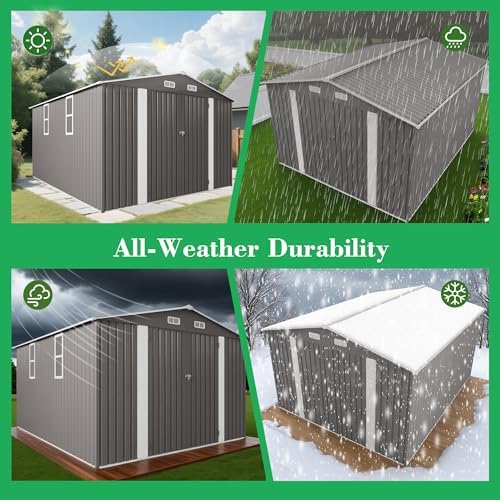10x12 FT Outdoor Storage Shed, Large Metal Garden Shed with 2 Windows, Outside Tool Sheds with Lockable Hinged Doors, Waterproof Storage Building with 4 Air Vents for Backyard, Patio, Lawn, Gray