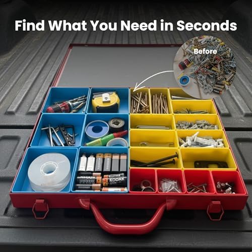 Large Metal Organizer Box with 20 Removable Compartments, Red