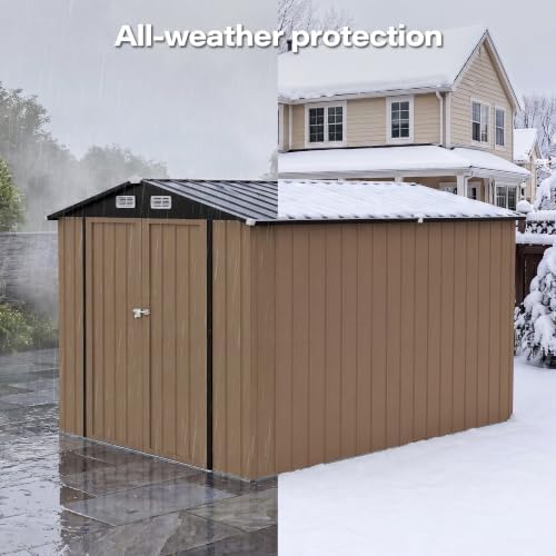 LAUSAINT HOME 8 x 10 FT Outdoor Storage Shed, Heavy Duty Galvanized Steel Storage Shed with Double Lockable Doors, Gable Roof & Air Vent for Backyard & Patio, Brown