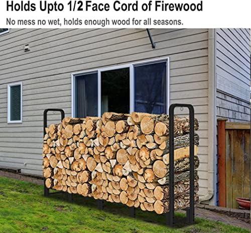 Firewood Rack Outdoor 8ft Heavy Duty Logs Holder for Indoor Fireplace Metal Wood Pile Storage Stacker Organizer, Matte Black