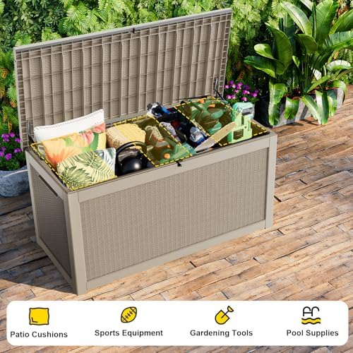 ROJIK 320 Gallon Waterproof Outdoor Deck Storage Box, Lockable Resin Patio Storage Bin with Lid for Garden Tools, Patio Cushions & Outdoor Accessories(Grey)