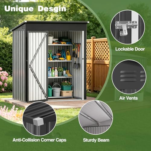 5 x 3 FT Outdoor Storage Shed, Waterproof Metal Garden Tool Shed with Sloped Roof, Lockable Door & Air Vents for Backyard Patio Lawn, Dark Gray