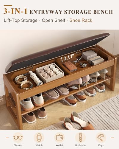 Shoe Rack Bench with Hidden Storage, 2‑Tier Solid Rubberwood Entryway Bench